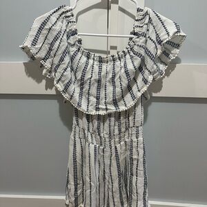 Lulu's Navy Blue and White Ruffled Smocked Romper